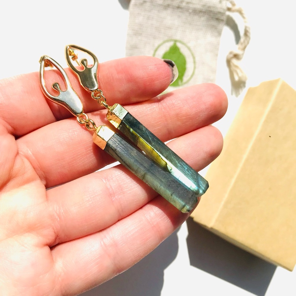 Labradorite Crystal Stone & Gold Divine Feminine Goddess Stud Earrings